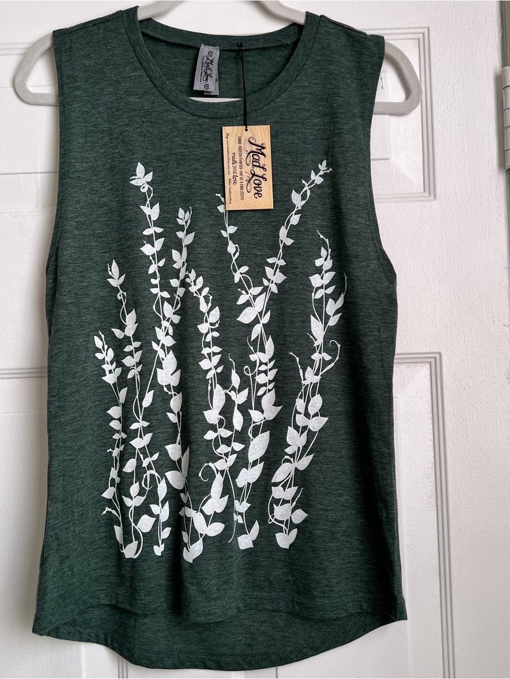 Mad Love Forest Green Muscle Tank with White Vine Print